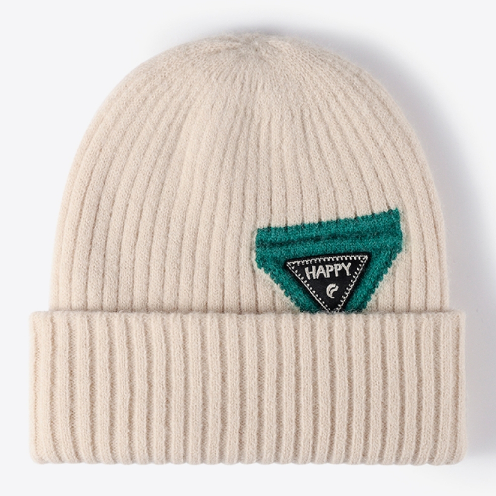 HAPPY Beanie Color Contrast Hat Ribbed Knit Minimalist Warm Toboggan Skull Cap